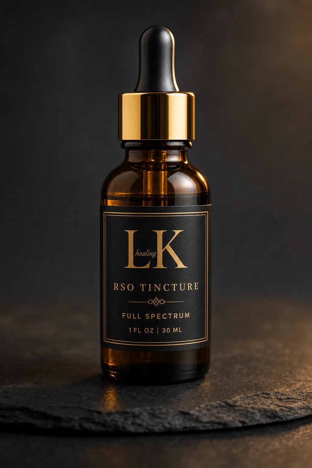 Amber glass RSO tincture bottle with hand-signed black label on slate, low-lit apothecary scene