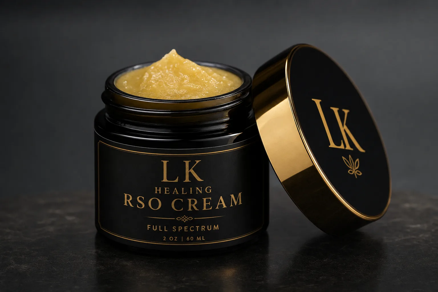 RSO Cream — hand-signed black label, amber detail, slate background