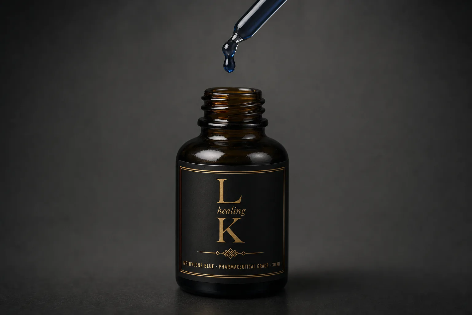 Methylene Blue — hand-signed black label, amber detail, slate background