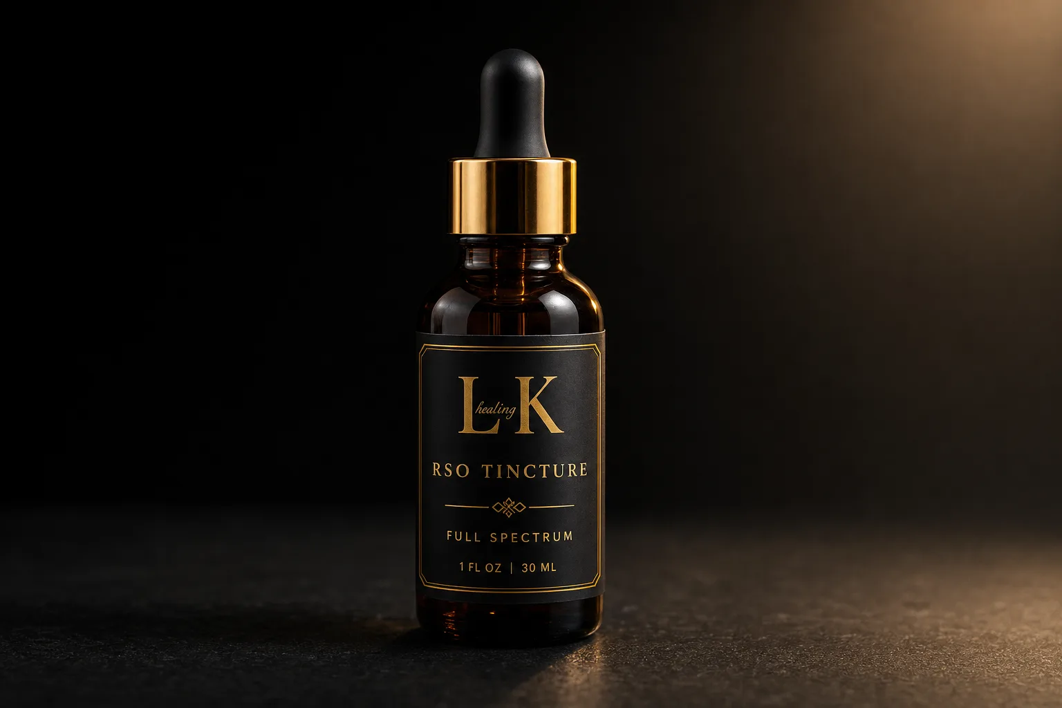 RSO Tincture — hand-signed black label, amber detail, slate background