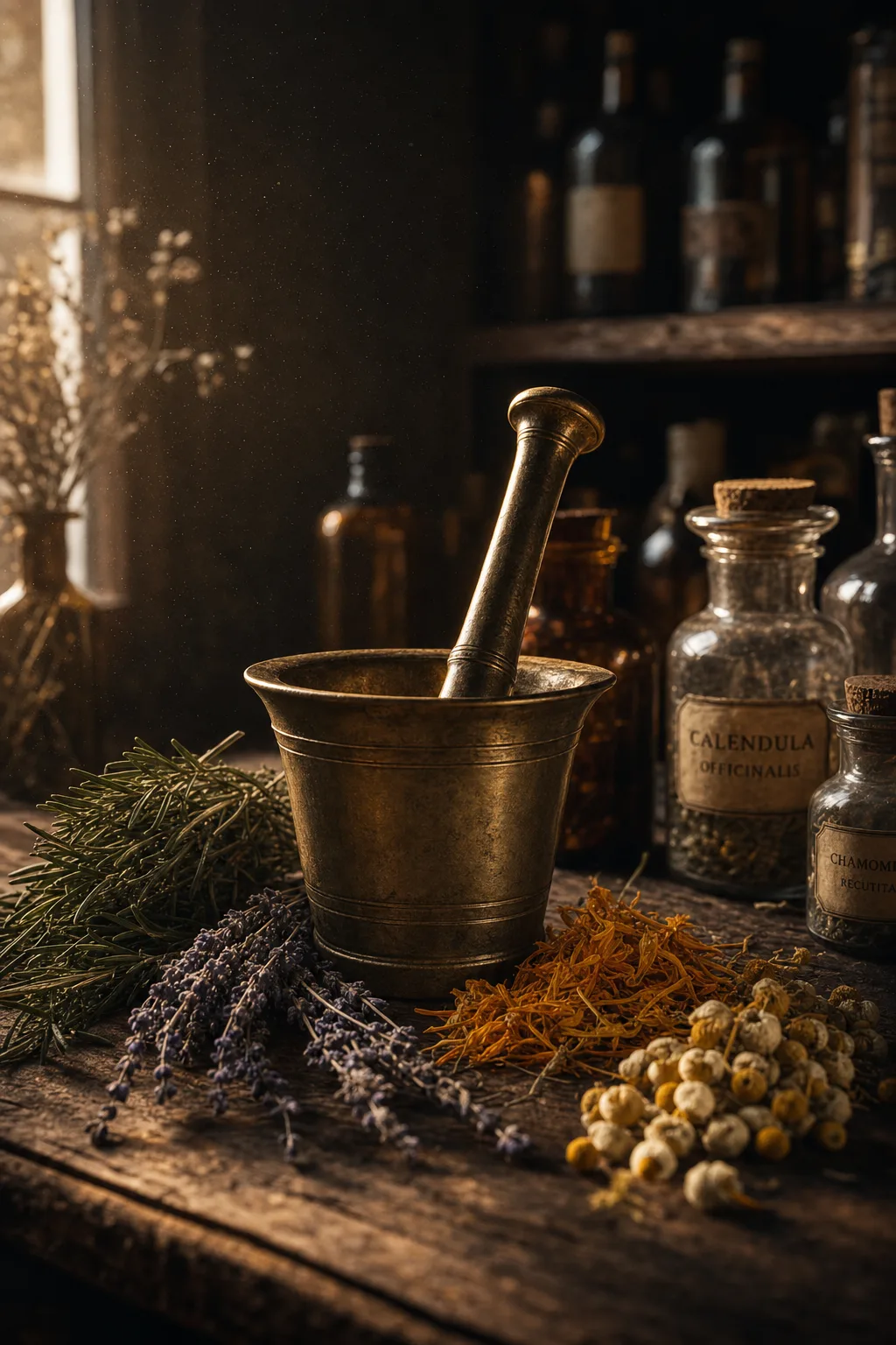 Dried botanicals and copper still on dark slate, apothecary workshop